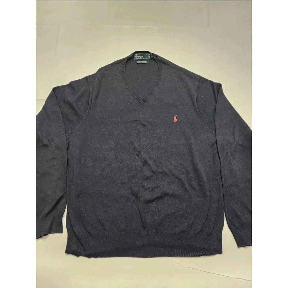 Polo Ralph Lauren Sweater Mens 2XL Navy Blue V Neck Pony Cotton Pullover Grandpa